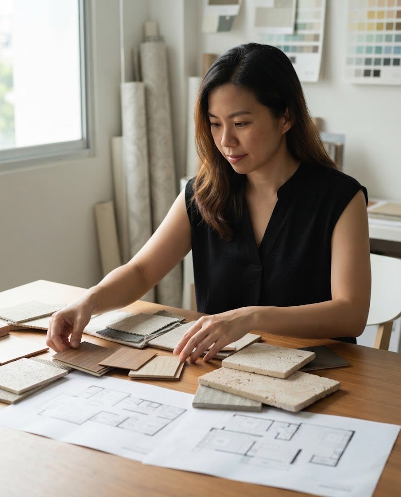 Interior designer reviewing material samples at a Singapore studio