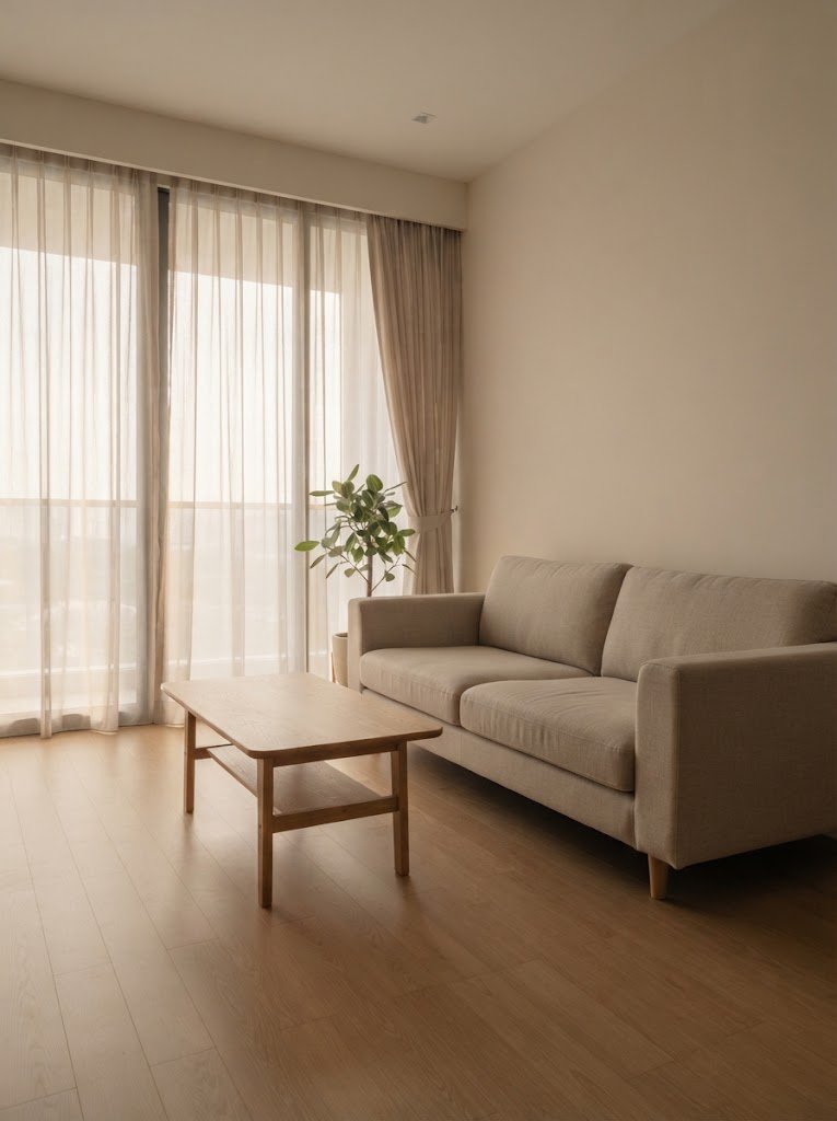 Calm Singapore condominium living room with natural textures