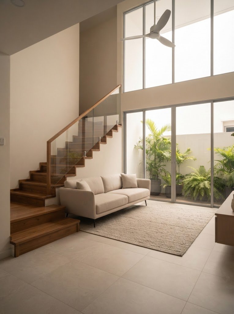 Landed home interior with double-volume living space