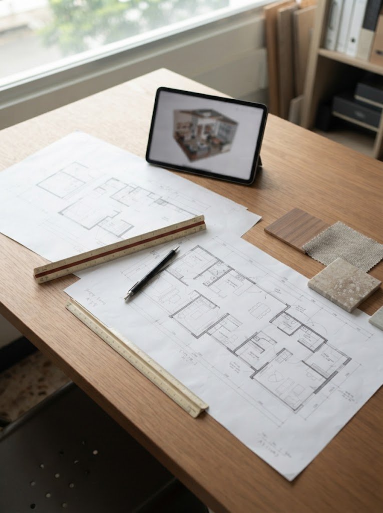 Floor plan drawings and material samples on a desk