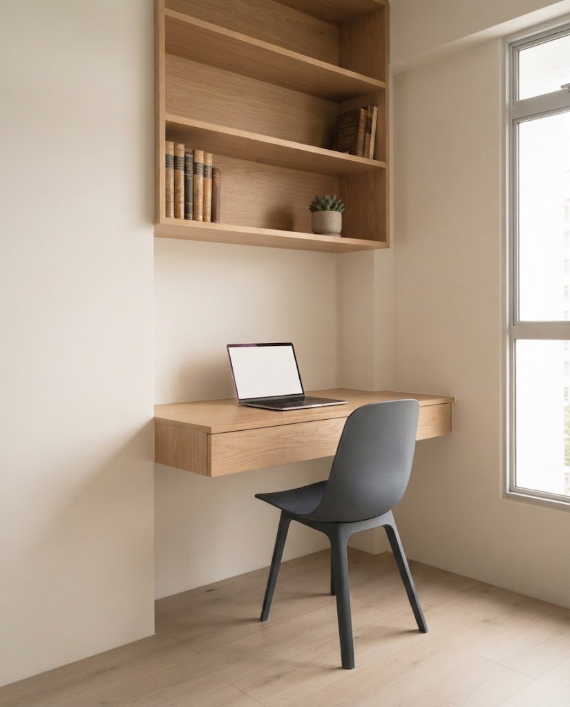 Home study corner with desk and shelving